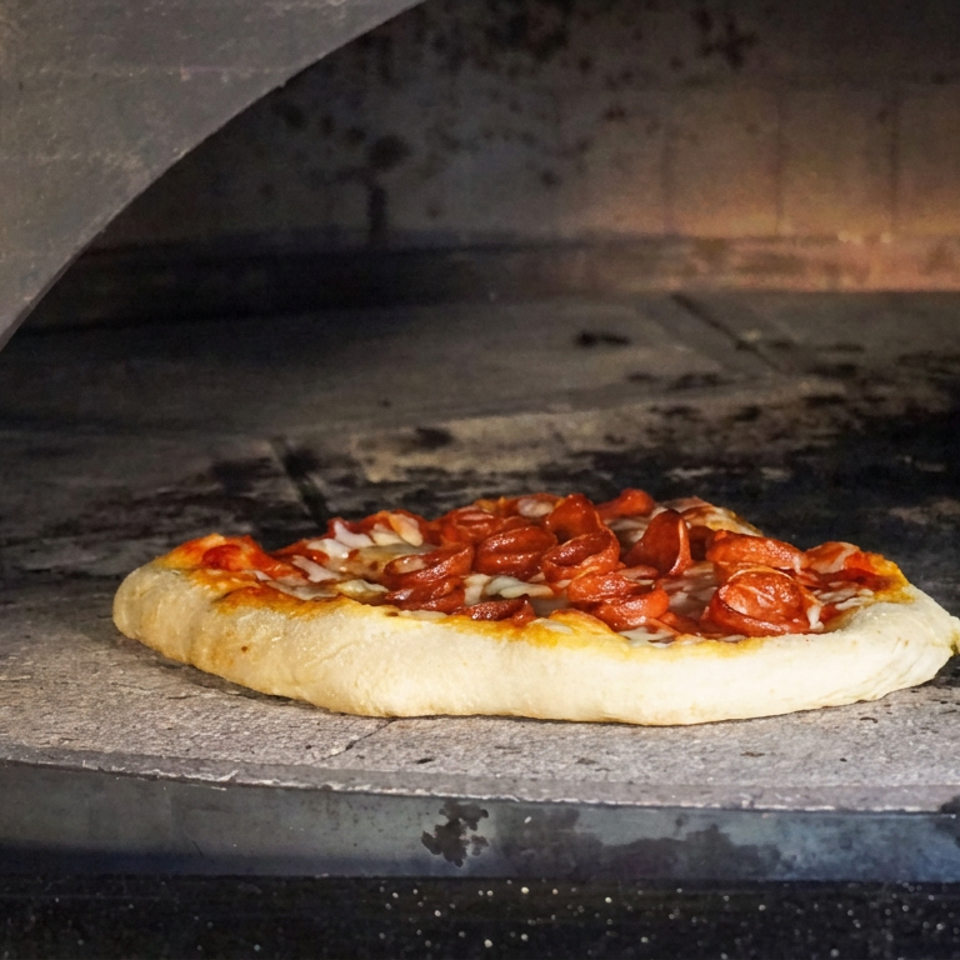 Pepperoni pizza baking inside a rustic stone-deck oven.