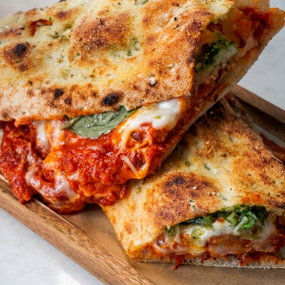Two toasted Italian calzone sandwiches filled with tomato sauce, melted cheese, herbs, and vegetables on a wooden serving tray.