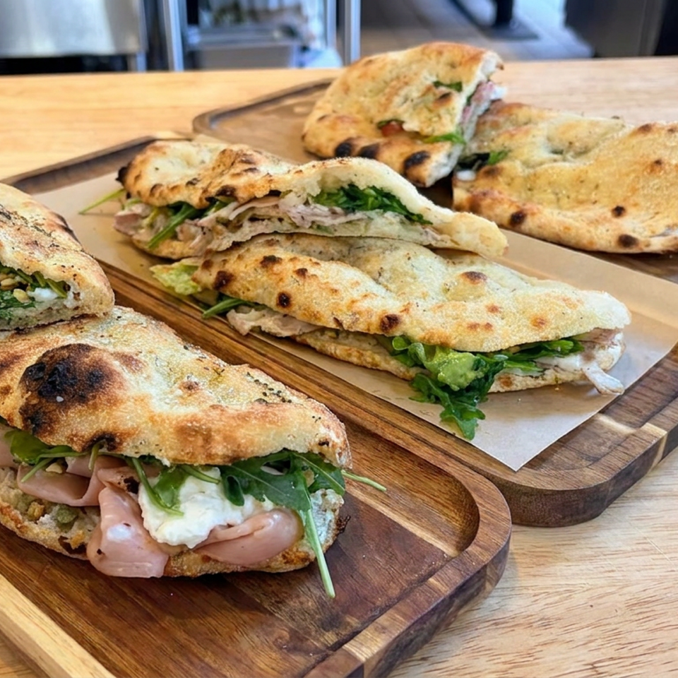 Several toasted flatbread sandwiches filled with sliced meat, greens, and creamy cheese arranged on wooden serving boards.