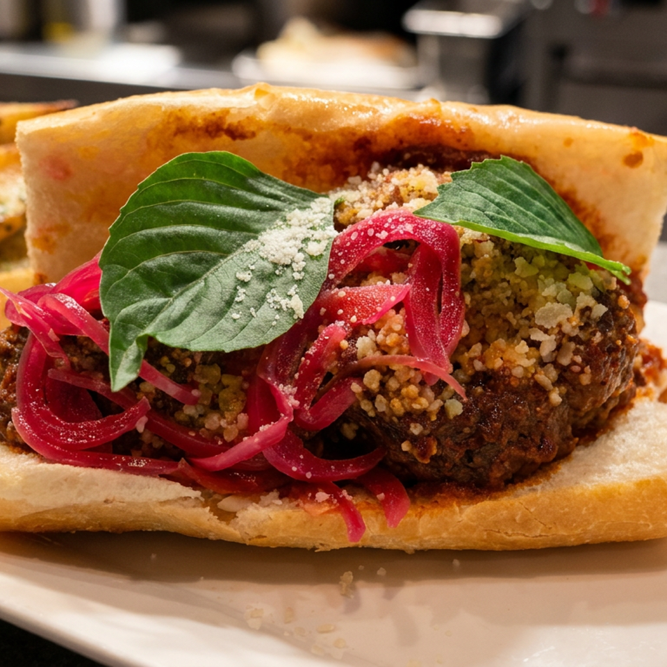 Open-faced meatball sandwich topped with breadcrumbs, pickled onions, and fresh basil, served with seasoned toasted bread.