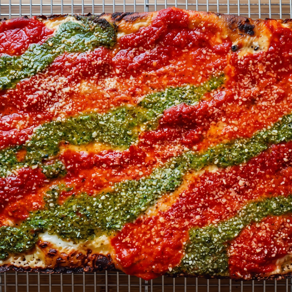 Rectangular pizza topped with tomato sauce, green pesto, grated cheese, and charred edges on a cooling rack.