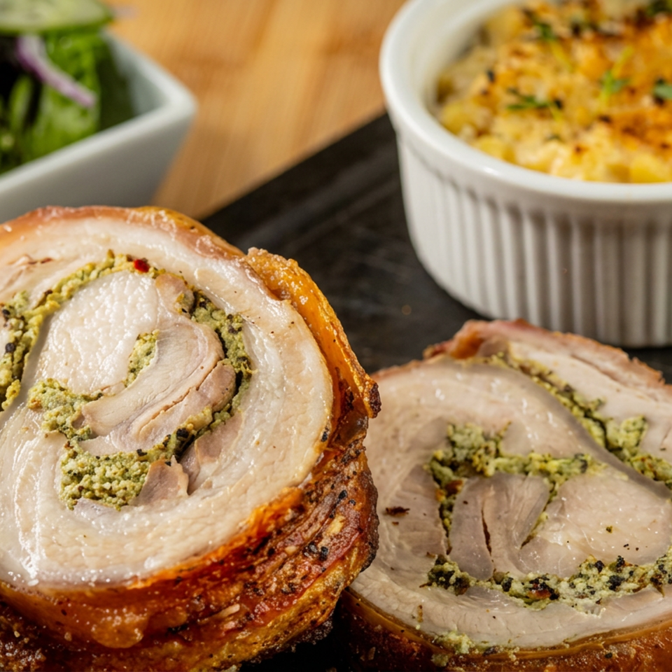Sliced herb-stuffed pork roast with crisp crackling, green salad, and a baked side dish on a dark serving board.