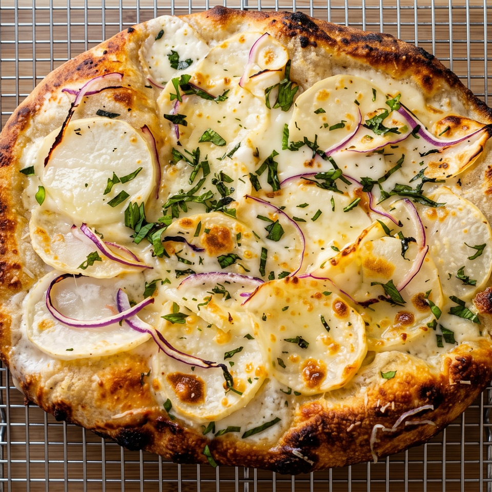 Wood-fired white pizza topped with sliced potatoes, red onion, melted cheese, and fresh herbs on a wire rack.