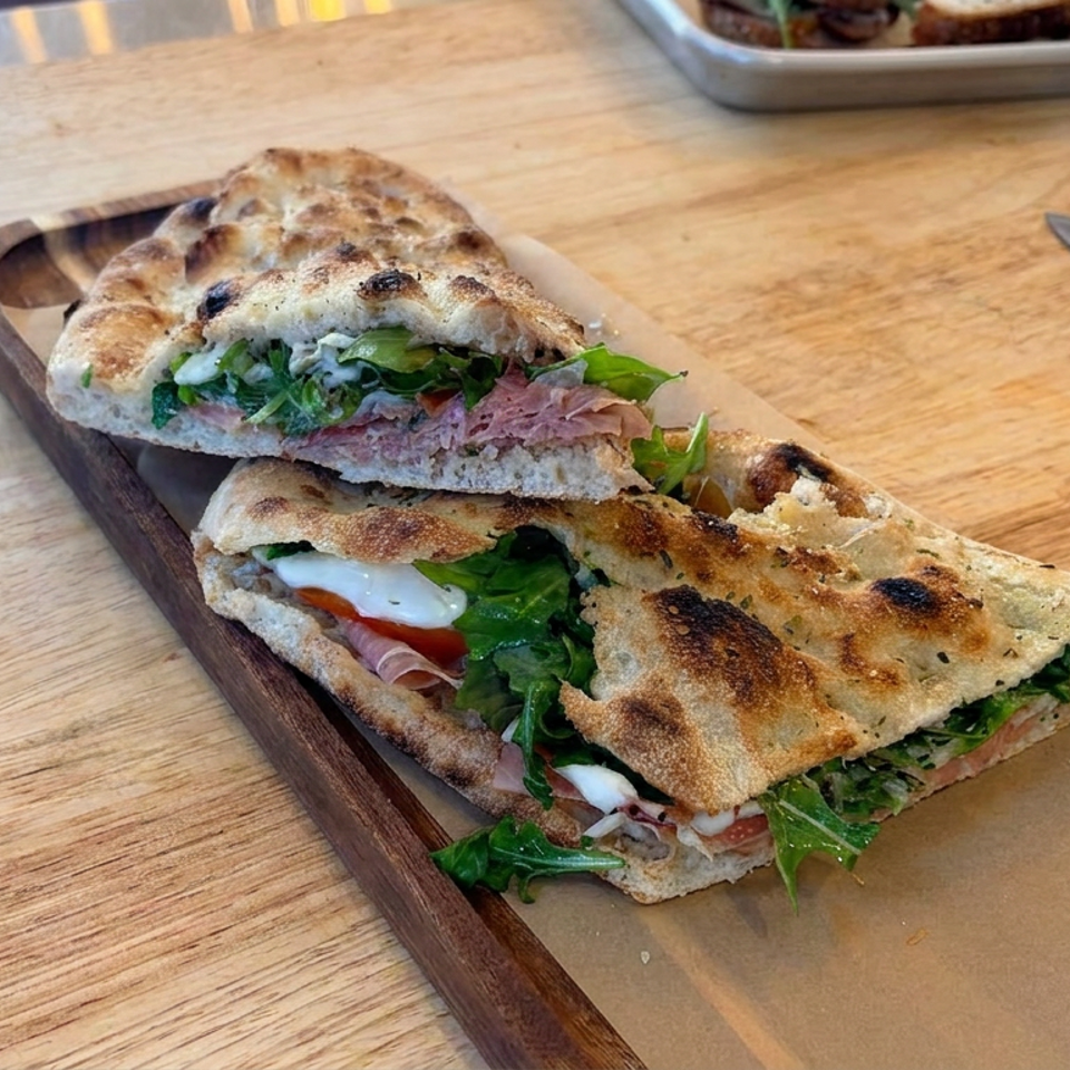 Two toasted flatbread sandwiches filled with sliced meat, greens, tomatoes, onions, and creamy sauce on a wooden serving board.