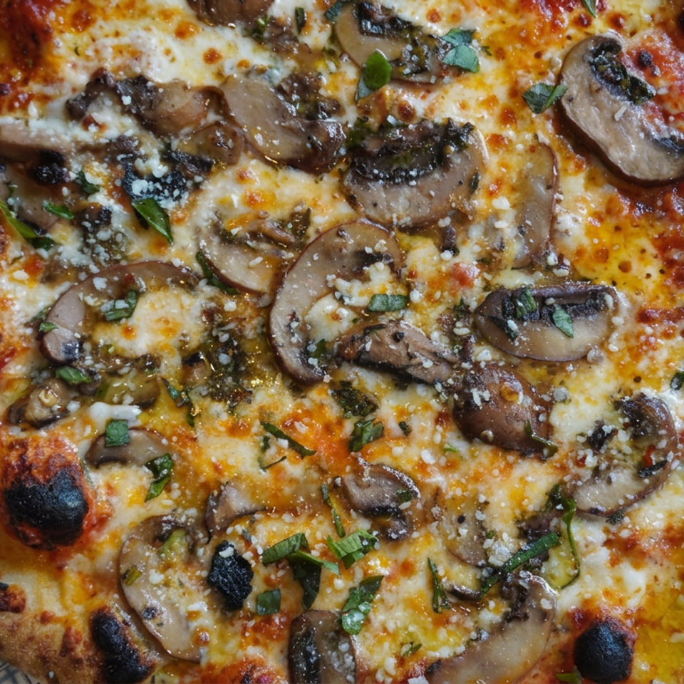 Mushroom pizza with melted cheese, tomato sauce, herbs, and charred crust cooling on a wire rack.