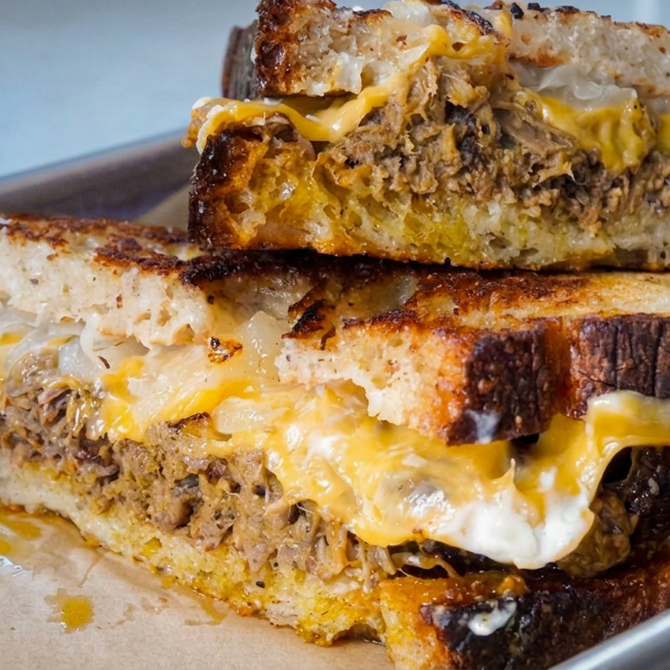 Close-up of stacked grilled cheese sandwiches with melted cheddar, shredded meat, and creamy sauce on a metal tray.